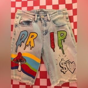 Rue21 Light Blue Denim Shorts with graffiti embellishments “DRIP”